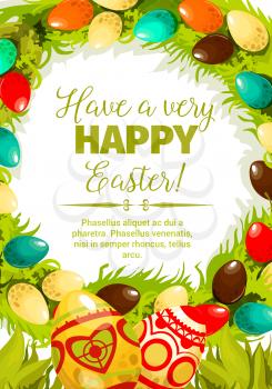 Easter egg festive poster. Decorated Easter eggs with folk ornaments, green grass and leaves twined into floral wreath with wishes of Happy Easter in center. Spring holidays, Egg hunt themes design