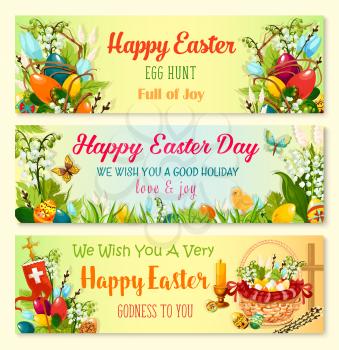 Easter Day and Egg Hunt celebration banner set. Decorated Easter egg in green grass with blooming spring flowers, chicken chick, egg hunt basket, lily and tulip floral wreath with cross and candle