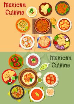 Mexican cuisine dinner dish icon of meat, cheese tortilla, chicken burrito, vegetable beef stew, chilli tomato, salsa bean, meatball, chicken, fish soups, beef steak, fried cod and chicken wings