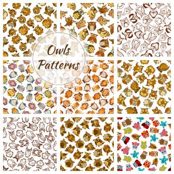 Owl seamless pattern background set. Wild forest bird of prey with brown, grey and yellow feathers. Wildlife, scrapbook page backdrop design