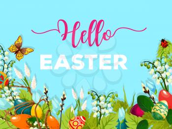 Easter Egg Hunt meadow cartoon poster. Decorated Easter eggs hidden in green grass, spring flower, willow twig and flying butterfly with blue sky on background. Spring holidays greeting card design