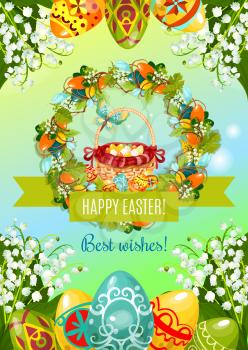 Easter Wishes festive poster. Easter egg hunt basket with painted eggs, encircled by Easter wreath of spring flowers, egg and grapevine, Happy Easter ribbon banner, lily of the valley and green leaves