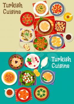 Turkish cuisine icon with meat soups, meatballs, vegetarian salads with feta, carrot ball, bulgur pilaf, nut baklava, fried cake, cereal dessert with bean, sweet chicken pudding with coffee
