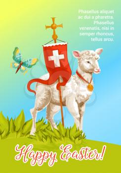 Easter lamb cartoon greeting card. White lamb of God with cross and red flag stands on sunny grass meadow. Happy Easter festive poster, Joyful Spring Holidays banner design