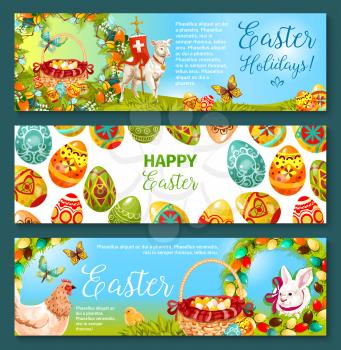 Easter egg and rabbit cartoon banner set. Patterned eggs and bunny on green grass with chicken, egg hunt basket, Easter wreath with lily and tulip flowers, lamb with cross and flying butterflies