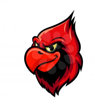 Cardinal bird isolated cartoon mascot. Head of a bird with red crest and aggressive smile. Sporting club mascot, tattoo or t-shirt print design