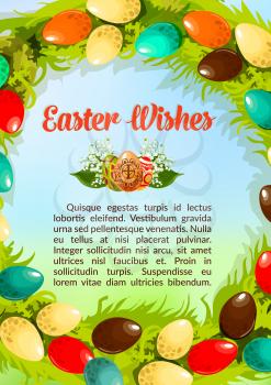 Easter poster template of decorated paschal eggs with Christian crucifix cross and lily of valley flowers. Vector religious catholic or orthodox springtime holiday greeting card