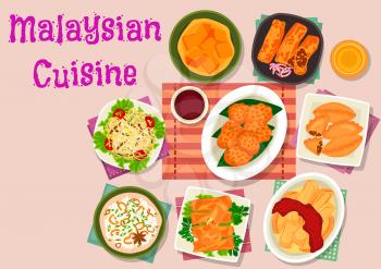 Malaysian cuisine exotic dishes icon with meat seafood risotto, shrimp pancake, chicken spring rolls, meat pancake rolls, curry pies, eggplant with chilli sauce, bean sprouts salad, pumpkin dessert
