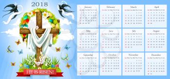 Easter template for 2018 calendar. He is risen poster of crucifix cross and Christ shroud, painted paschal eggs wreath and spring flowers. Vector snowdrops, doves or swallows and butterflies