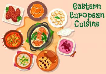 Eastern european cuisine icon of pork shank with cabbage, beef vegetable stew, beef with cream and veggies sauce, cucumber soup, meat roll with mushroom, cherry cream soup, nut cookie, stuffed apricot