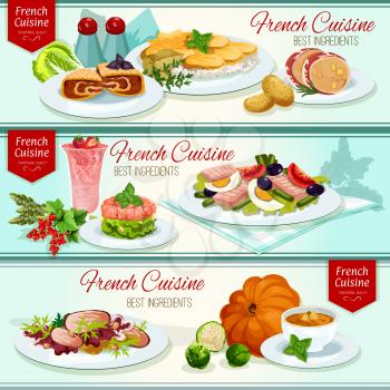 French cuisine restaurant dinner dishes banner set. Cheese potato casserole, tuna salad with tomato, olive, salmon tartare, cabbage with meat, duck salad, pumpkin soup, liver pate, fruit cream dessert
