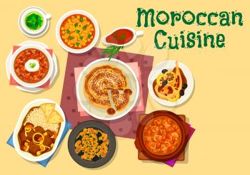 Moroccan cuisine traditional dishes icon of chicken tomato soup, fried chicken with lemon pickle, eggplant couscous salad, baked lamb with figs, meat bean soup, pearl barley soup, almond and fig pie