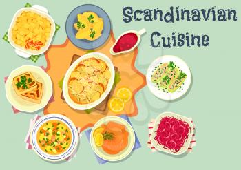 Scandinavian cuisine dinner icon of salmon with mustard sauce, potato casserole with salmon and bacon, beef vegetable soup, cabbage stew, potato dumpling, cabbage casserole, stuffed cucumber with fish