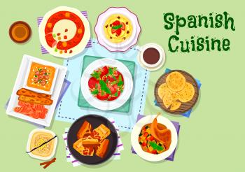 Spanish cuisine dinner menu icon with tomato bread soup, fried pork belly, vegetable stew, tomato asparagus salad, corn porridge with almond, pie with dried fruit, sweet flatbread, egg yolk dessert