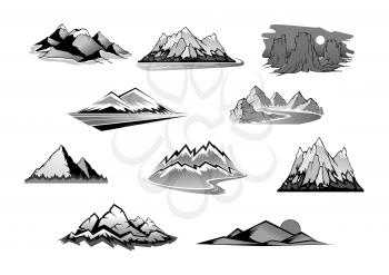Mountain landscape isolated icon set. Mountain range, snowy peak, rocky hill and tower rocks sign with pine forest, road and river. Nature, tourism, outdoor adventure, climbing and hiking theme design
