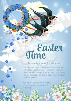 Easter Time greeting poster or card template with swallow birds carrying floral wreath of spring flowers in blue sky. Vector Resurrection Sunday or religious happy springtime holiday design