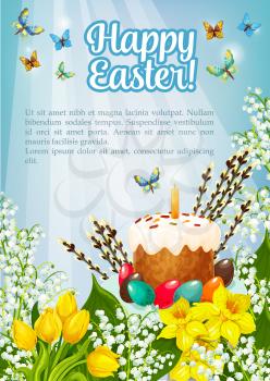 Happy Easter poster of willow, paschal cake or eggs and spring flowers. Greeting card template and vector kulich paska symbol with candle, tulips, snowdrops and butterfly on lily bunch