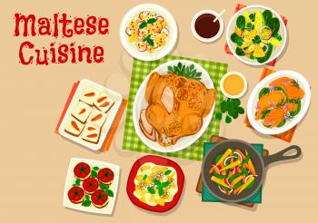 Maltese cuisine healthy food icon of baked turkey with oranges, vegetable salad, avocado pineapple salad, salmon steak, stuffed tomato with crab, vegetable saute, fruit cream dessert, carrot cake