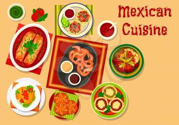 Mexican cuisine pork vegetable taco icon served with salsa sauce, chicken tortilla rolls, corn flatbread with beans, grilled beef with veggies, meat pie enchiladas, sugary bread, fried cookie churro
