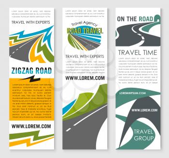 Road trip and car journey banner template set for travel agency and tourism poster with mountain road, speed highway and freeway tunnel. Transportation service, vacation, adventure themes design