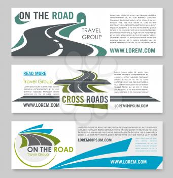 Road travel and transportation company banner template. Mountain road tunnel, crossroad and speed highway symbols with text layout. Travel agency, car journey and tourism design