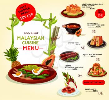 Malaysian cuisine restaurant menu template. Asian food special offer with grilled beef, seafood risotto, baked fish with vegetables, tropical fruit dessert, stuffed tofu and donut with sugar syrup