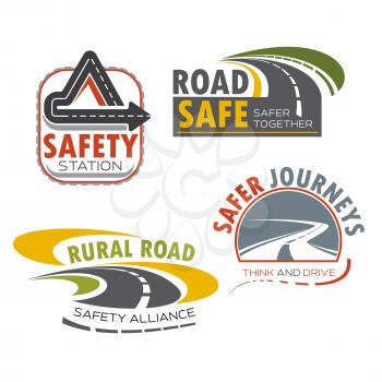 Road and drive safety sign icon. Asphalt highway, winding road, rural path and freeway interchange symbols for transportation service, road travel, traffic safety themes design