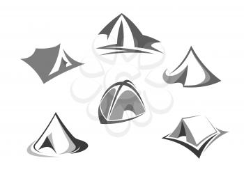 Travel tent isolated icon set. Camping and hiking dome tent, outdoor adventure triangle tent for travel, tourism, camping themes design