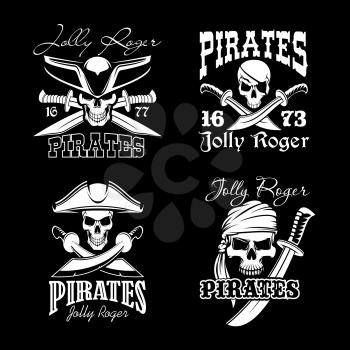 Pirate skull symbol set. Skull of pirate captain and sailor, wearing hat, bandana and eyepatch with crossed sword and knife. Jolly Roger sign for emblem or tattoo design