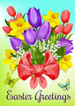 Easter flowers greeting card. Bunch of tulip, lily, narcissus flowers and green leaves, tied with red ribbon with bow. Easter spring holidays cartoon poster, Holy Sunday themes design