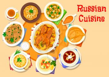 Russian cuisine delicious lunch icon with mushroom dumplings, stuffed duck with potato, cabbage roll, jellied fish and beef tongue, fried meat pie, cold beet apple soup, pea soup