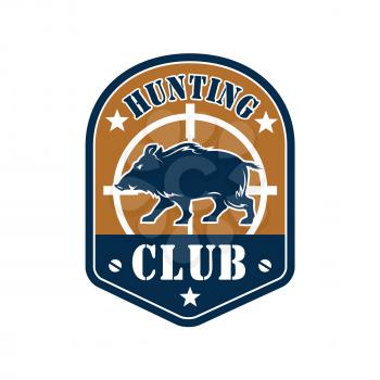 Hunting club heraldic shield badge of wild boar with rifle target. Hunting tour sign, hunter camp and outdoor adventure label design