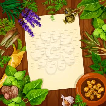 Blank paper with spices and herbs on wooden background. Fresh dill, garlic, basil, parsley, rosemary, nutmeg, thyme, celery, cardamom seed, poppy and lavender for food cooking recipe or menu design