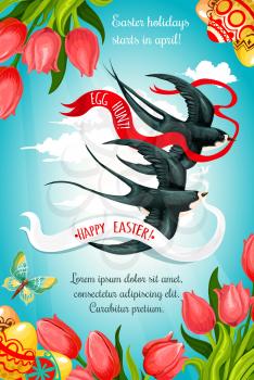 Easter holiday and Egg Hunt poster. Easter painted egg with tulip flowers on blue sky background with flying swallow birds carrying greeting ribbon banner in beak. Easter celebration themes design