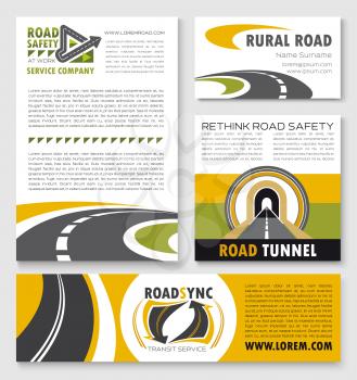 Banner and flyer template with road. Winding highway, rural road, freeway tunnel and asphalt way poster for road safety service company, transportation and travel business design
