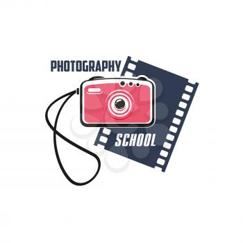 Photography school isolated sign. Pink photo camera with filmstrip on background for photo studio, photography lesson and class symbol, art education themes design