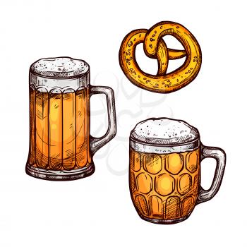 Beer and pretzel isolated sketch. Beer glass mug and tankard with bavarian pretzel. Oktoberfest poster, bar or pub symbol, brewery themes design