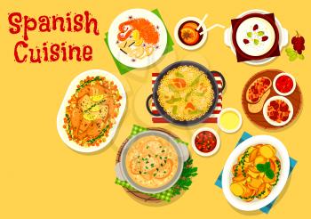 Spanish cuisine icon of fried bacon and sausage tapas, chicken rice paella, seafood tomato pasta, potato with chilli and garlic sauce, rabbit in bread sauce, baked chicken with lemon, almond soup