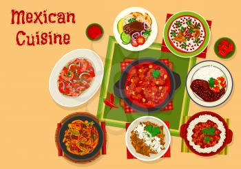 Mexican cuisine icon of beef tomato bean stew, corn tortilla chips with cheese, chicken with chilli fruit sauce, shrimp salad, beef steak with chilli sauce, beef fajitas, stuffed pepper in cream sauce