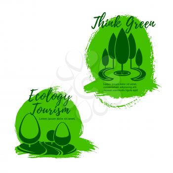 Ecology and ecotourism icon set. Green park or garden alleys with trees and grass lawns. Green travel symbol, ecology and environment conservation label, eco friendly lifestyle design