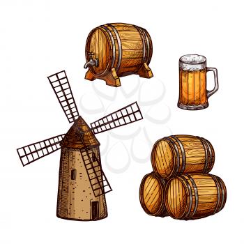 Beer drink isolated sketch set. Beer mug or tankard, wooden barrel with tap, stack of beer kegs and old windmill. Pub and bar menu, Oktoberfest festival and brewing label design
