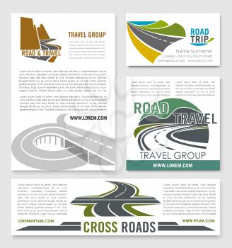 Road travel banner template set. Road trip and car journey poster with mountain highway, crossroad and coastal freeway symbols for transportation services, travel and tourism themes design