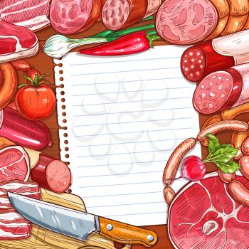 Meat and sausages with recipe or menu paper on wooden background. Beef steak, pork sausage, salami, ham, bacon, frankfurter, bologna and pepperoni with vegetables, knife and cutting board