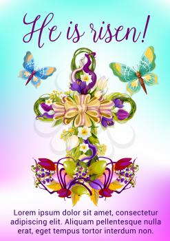 Easter flower cross greeting card. Easter egg and flower of tulip, narcissus, crocus in a shape of christian religion crucifix, adorned by ribbon bow and butterflies. Easter spring holidays design