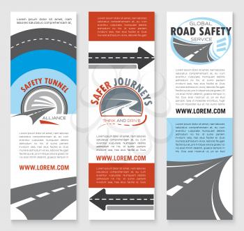 Road safety banner template set. Transportation services, travel agency and traffic safety flyer or brochure design with road tunnel, highway and asphalt roadway symbols, text layouts and copy space