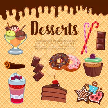 Pastry desserts vector waffle or wafer poster of cupcake or cheesecake, bakery chocolate fondant, brownie pie and biscuit cookie, patisserie cake or pudding, ice cream and donut or muffin, torte and c