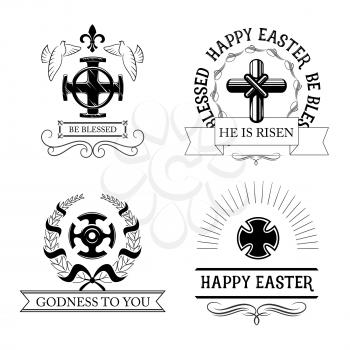 Easter cross symbol set. Religious crucifix with dove birds black and white emblem, framed by ribbon banner, laurel wreath, victorian fleur-de-lis and flourishes. Easter holiday badge design