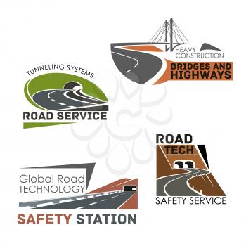 Highways and motorways vector icons of roads, tunnels and bridges building and construction or service company. Emblems set of expressway drives, transport routes safety technology