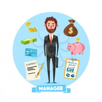 Manager or business man and vector office items credit card or identity badge, contract sign and pen and finance report. Work routine concept and salary banknotes and coins in money bag and piggy bank