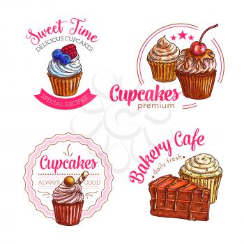 Cakes and cupcakes desserts vector bakery icons set of pastry cheesecake pie or chocolate brownie torte, biscuit cookie or patisserie muffin or pudding or donut or muffin, candy waffle or wafer emblem